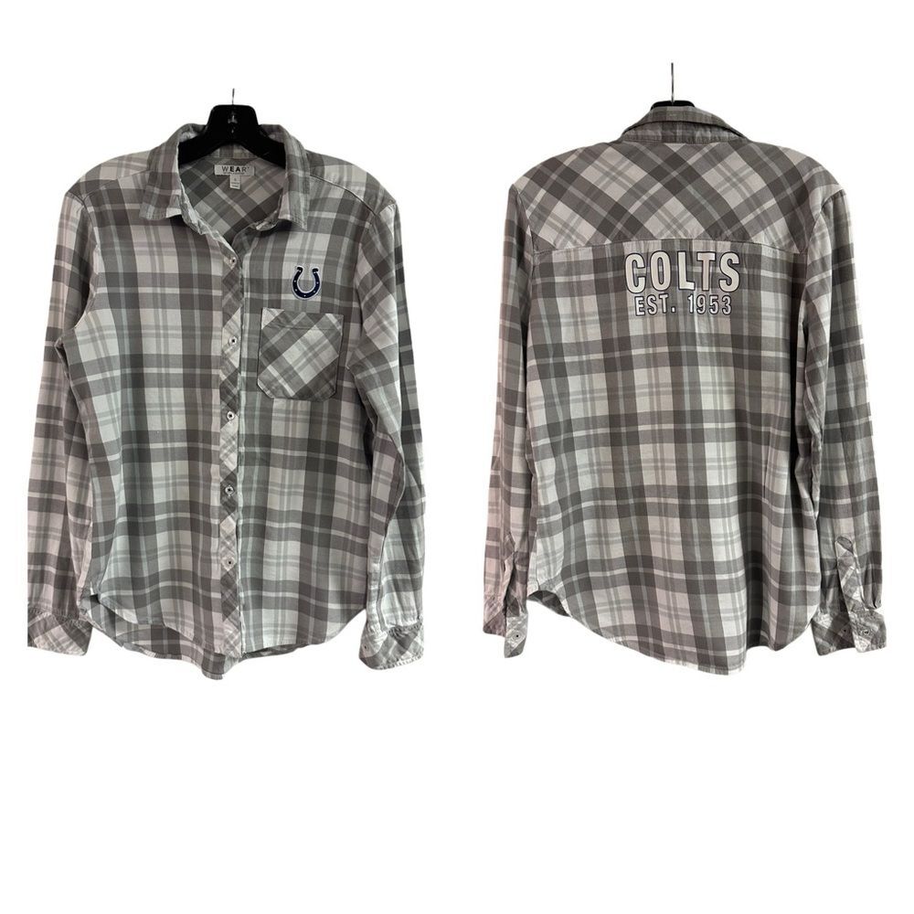 Wear by Erin Andrews Women’s Indianapolis Colts Gray Plaid Button Down Top SZ S